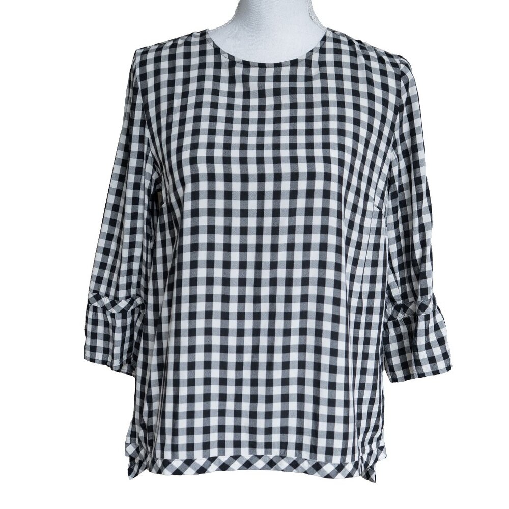 J. JILL | Gingham Top Black White Check Wide Neck Half Sleeve